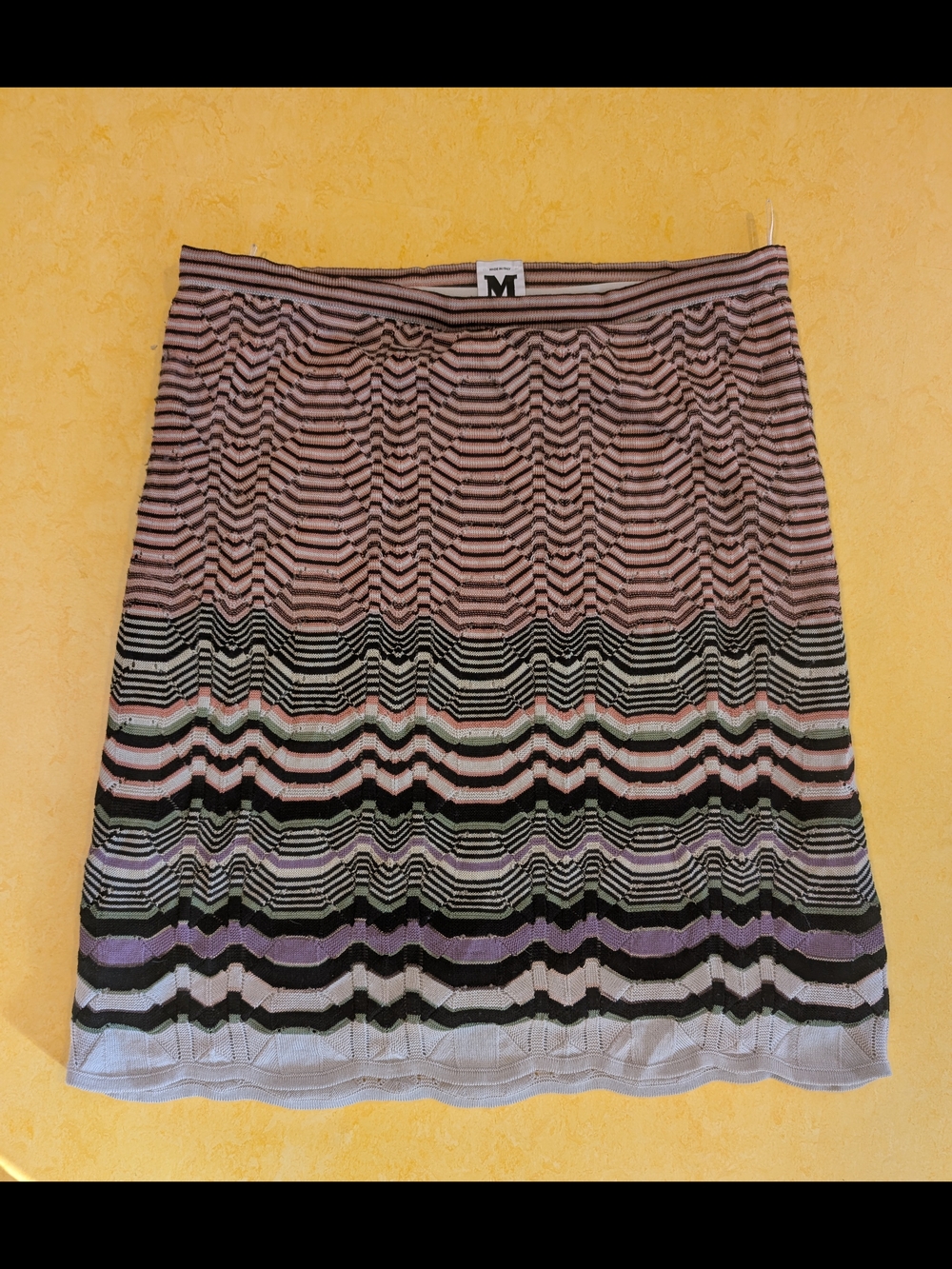 M Missoni Striped Knit Knee Length Skirt in Pink, Black & Lavender